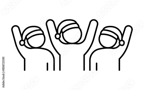 Three people with Santa hat, representing friendship and festive celebration. Partner support for holiday or Christmas greeting. Vector line illustration