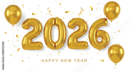 Celebrate new year 2026 with golden balloon numbers and confetti, a festive design for greeting cards, banners, and social media posts, isolated on