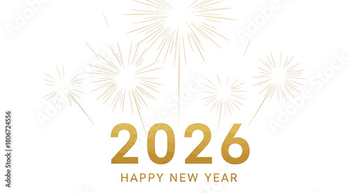 Elegant 2026 happy new year illustration isolated on featuring golden fireworks, perfect for festive greetings, invitations, and celebratory designs with a touch of sparkle