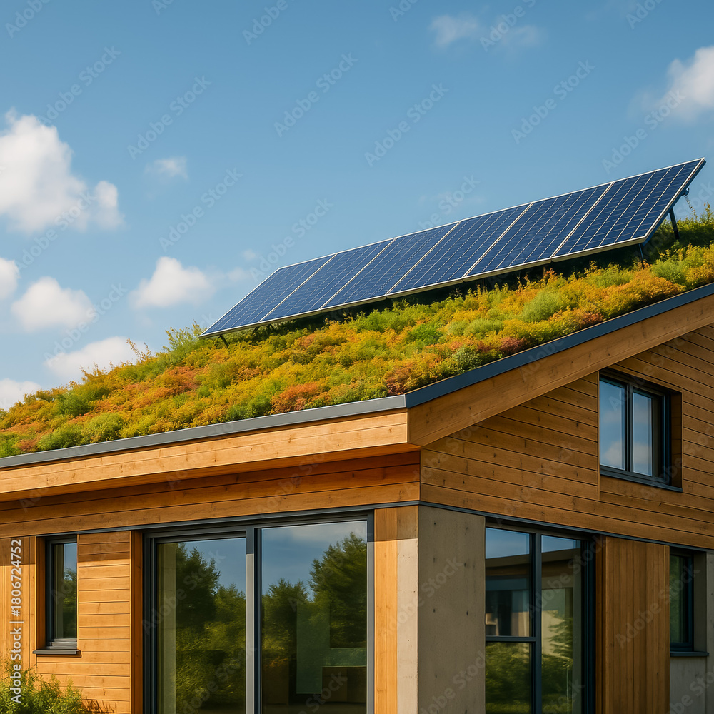 Fototapeta premium Modern wooden house with green roof and solar panels
