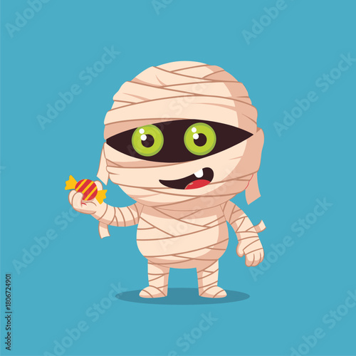 Cute Cartoon Mummy with Candy - Happy Halloween Character Illustration