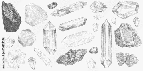 Set of different crystals and minerals with faceted shapes, grainy reflections, dusty texture, stipple highlights and vintage imperfections on white paper.