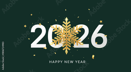 Festive 2026 happy new year illustration featuring a golden snowflake and confetti on a dark green background, perfect for holiday greetings, invitations, and celebratory designs