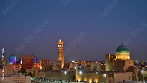 A peaceful blue hour view over Bukhara, Uzbekistan, capturing rooftops, traditional clay buildings, and distant minarets under soft twilight tones. The calm evening atmosphere reflects the character o