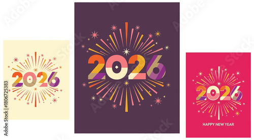 Colorful 2026 new year illustration set featuring vibrant fireworks, perfect for festive greetings, invitations, and celebratory designs with a playful touch