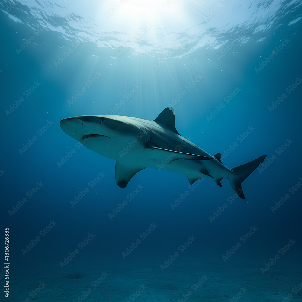 Fototapeta premium A shark glides over the sandy seafloor as sunlight beams down from the surface, creating a peaceful and dramatic underwater wildlife scene. 