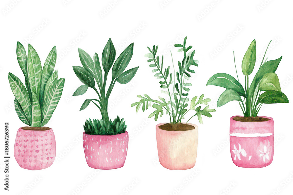 Obraz premium A illustration of four distinct potted plants in various pink pots. lush green foliage. perfect for home decor inspiration or botanical art projects