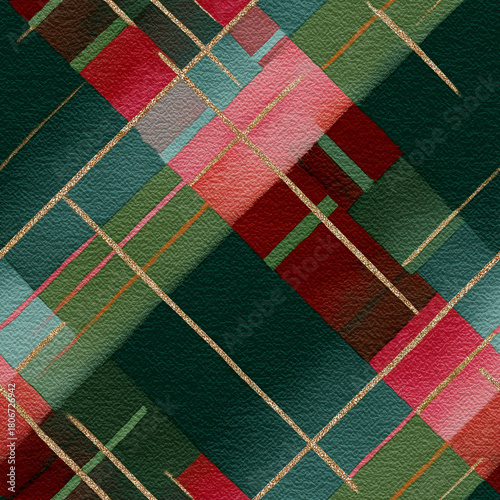 Colorful plaid textile pattern for Christmas with red, green, and gold tones  