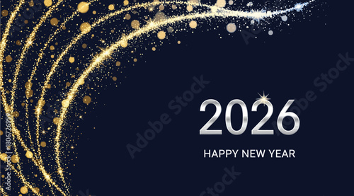 Celebrate the upcoming year 2026 with a mesmerizing display of golden glitter and sparkling lights against a dark blue backdrop, wishing everyone a happy and prosperous new year