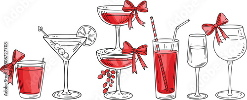 Festive hand drawn cocktail glasses with red drinks, decorative ribbons, holiday celebration elements, elegant beverage illustration
