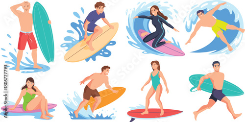 Surfing character collection men and women riding ocean waves holding surfboards for summer beach activity.