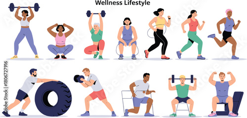 Fitness and wellness illustration set of people exercising with weights running and doing gym workouts.