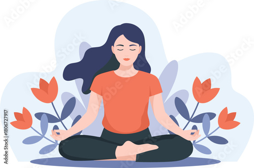 Woman meditating in lotus position practicing yoga for mental health and relaxation with floral background.