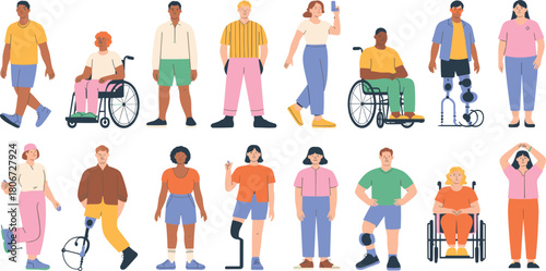 Diverse group of people including disabled characters with wheelchair and prosthetic leg vector illustration.