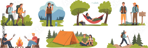 Outdoor adventure illustration set featuring hiking people, camping tent, campfire, hammock, and trekking in nature.