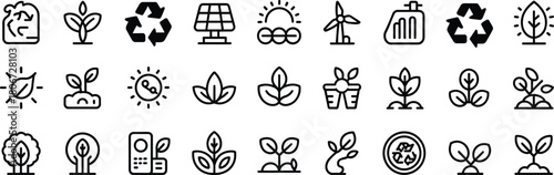 Eco friendly vector icon set including recycle sign, solar panel, wind turbine, and plant leaves.