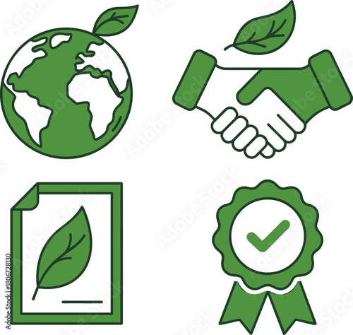 Green ecology icon set featuring earth globe, handshake, document, and award ribbon for sustainable business.