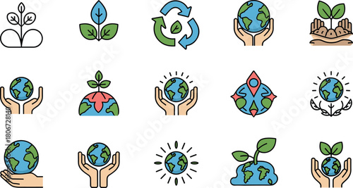 Eco friendly icon set, nature and environment symbols including globe, recycling, hands, and plant elements.