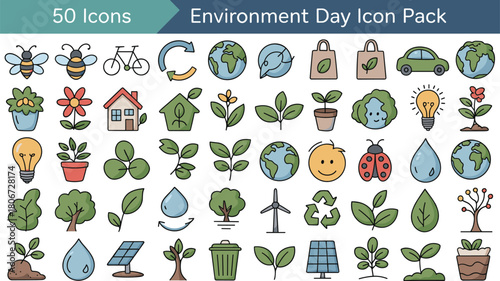 Environment day icon pack featuring eco symbols, plants, recycling elements, green energy and sustainability illustrations