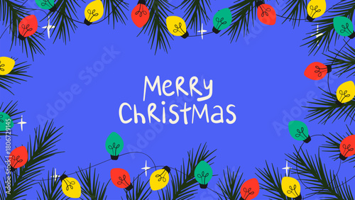 Doodle colorful garland banner filled with Christmas lights and pine branches . Illustration for greeting cards, posters, or winter decor.