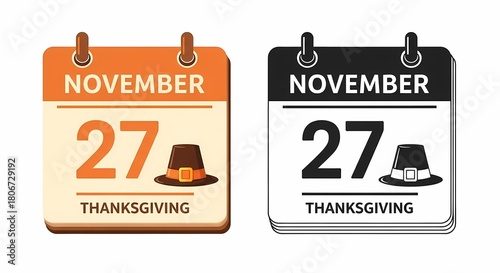 Thanksgiving day calendar with pilgrim hat isolated on white background