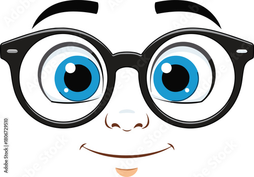 Cute geek face vector with big black glasses, smiling smart character illustration with blue eyes for school mascot or learning concept.
