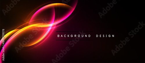 Abstract vibrant lines create dynamic energy. Dark background emphasizes glowing curves, modern design element.