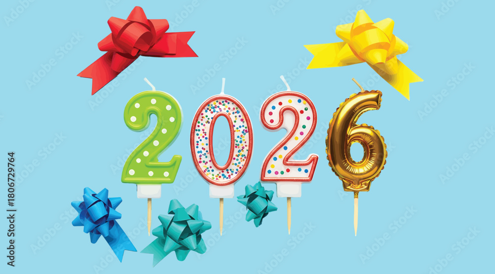 Obraz premium Festive 2026 Candle Numbers with Colorful Polka Dot and Metallic Designs, Surrounded by Decorative Bows on Light Blue Background, Perfect for New Year Celebrations, Holiday Cards, and Invitations