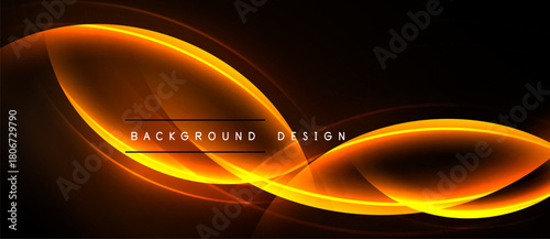 Abstract orange lines over black background. Dynamic curves create modern visual effect. Bright glow suggests energy, movement.