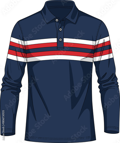 Navy blue long sleeve polo shirt with red and white stripes, men's casual fashion apparel vector illustration, sporty clothing design for retail.