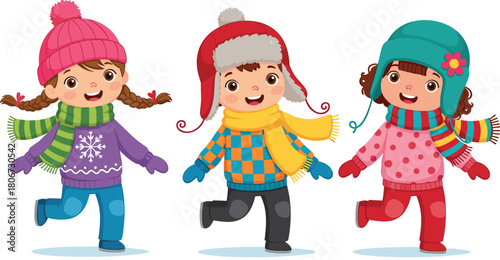 Winter children vector, cartoon kids in colorful clothes, playful seasonal outfit illustration, festive fashion icon, cheerful apparel asset, holiday design