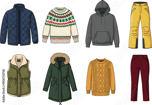 Winter fashion vector set, quilted jacket, cable-knit sweater, parka, hoodie, pants, vest, seasonal clothing illustration, cozy outfit collection, cold weather wear