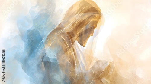 Serene digital watercolor Jesus Christ illustration evokes spiritual reverence and peaceful worship imagery