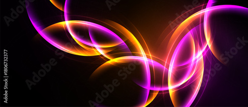 Abstract swirls, vibrant orange, purple hues dominate dark background. Dynamic energy radiates from flowing lines, creating modern visual.