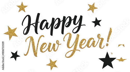 Festive happy new year design with gold glitter and black script lettering, adorned with sparkling stars, perfect for holiday greetings, invitations, and celebratory announcements isolated on