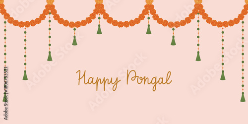 Happy Pongal banner for traditional Indian harvest festival. Hand drawn marigold garland with decorations. Hand lettering for invitations, cards and posters.