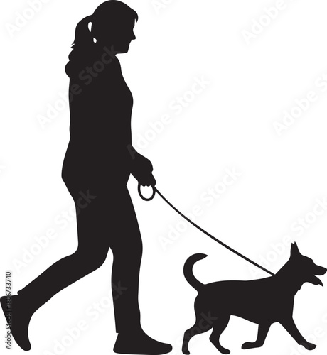 Silhouette of a woman walking a small dog on a leash outdoors exercise friendship