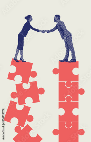 Business handshake between man and woman standing on uneven puzzle pieces symbolising imbalance and equality
