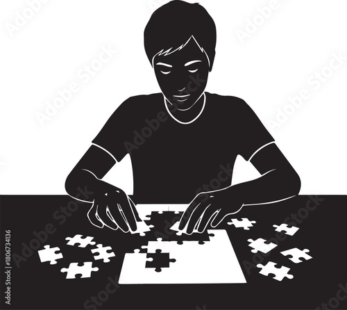 Person completing a jigsaw puzzle with focused concentration tabletop activity