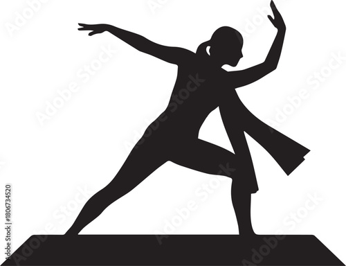 Silhouette of a woman in a dynamic yoga pose emphasizing strength and flexibility
