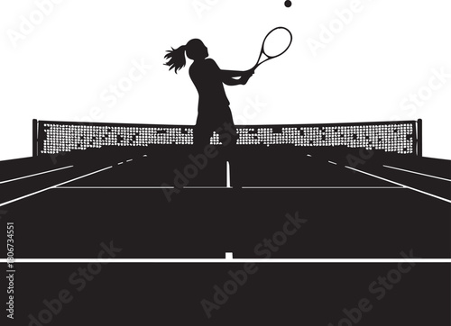 Silhouette of a female tennis player serving a ball on a court during a match.