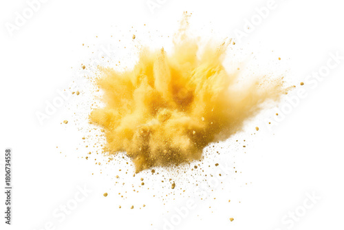 A explosion of yellow powder bursts against a white background. creating a dynamic visual effect that conveys energy and creativity. suitable for artistic or advertising purposes
