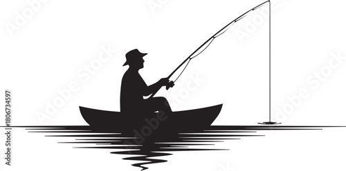Silhouette of a fisherman in a boat casting a line on water serene outdoors activity