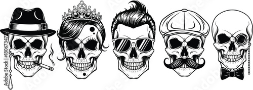 Gangster Skulls Hipster Gentlemen Mafia Vector Set