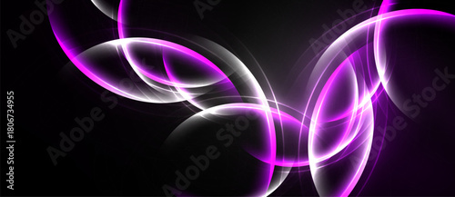 Abstract design features flowing lines, vibrant pinks, whites against dark background. Dynamic composition creates modern visual impact.