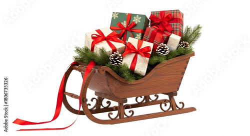 Wooden Christmas sleigh filled with wrapped holiday gifts, isolated PNG