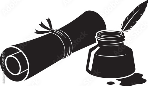 Vintage scroll and inkwell with quill pen silhouette