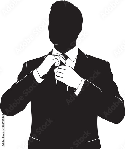 Silhouette of a man in a suit adjusting his tie