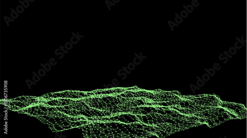 Abstract vector technology green wave in the center with motion dots and lines. AI in virtual reality on digital background. Wireframe texture. Dynamic analysis a network connection data.