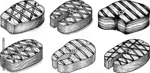Engraved fish steak icon set in vintage seafood illustration style with detailed grill textures and cut patterns